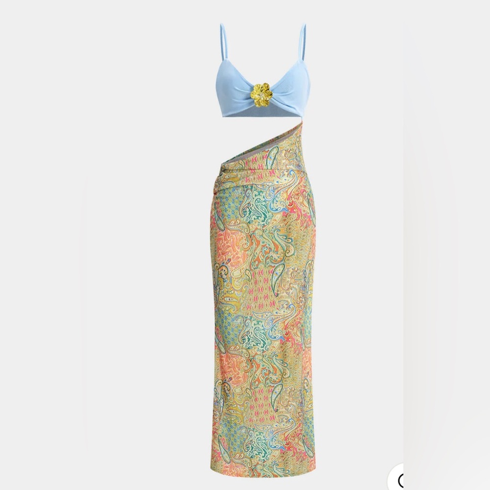 Abstract Contrast Pattern Cut Out Slip Sleeveless Maxi Dress